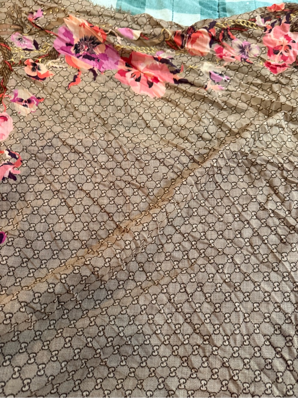 Gucci Floral Border Maxi Scarf - Taupe with Pink & Purple Florals - Picture 3 of 4